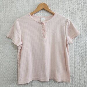 BLAIR Vintage Pastel Baby Pink Henley Textured Baby Tee Women's Size Medium